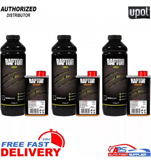 3x U-POL RAPTOR 1 Bottle Kit Black Tough Bed Liner Coating with Hardener